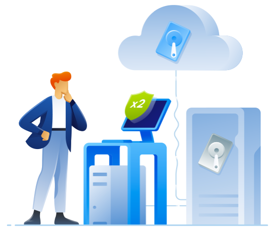 Stylized art of main looking at computer desktop that's connected to the cloud, with x2 on the screen.